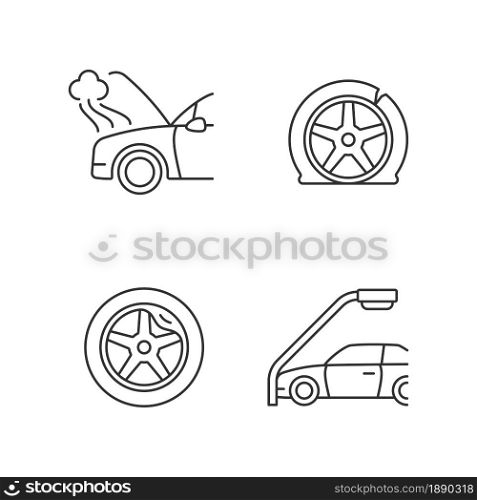 Vehicle damage in car accident cases linear icons set. Mechanical breakdown. Automobile tire defects. Customizable thin line contour symbols. Isolated vector outline illustrations. Editable stroke. Vehicle damage in car accident cases linear icons set