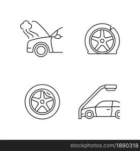 Vehicle damage in car accident cases linear icons set. Mechanical breakdown. Automobile tire defects. Customizable thin line contour symbols. Isolated vector outline illustrations. Editable stroke. Vehicle damage in car accident cases linear icons set