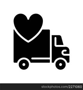 Vehicle donation black glyph icon. Charitable auto dealership. Donated car. Give away unwanted auto. Charity program. Silhouette symbol on white space. Solid pictogram. Vector isolated illustration. Vehicle donation black glyph icon