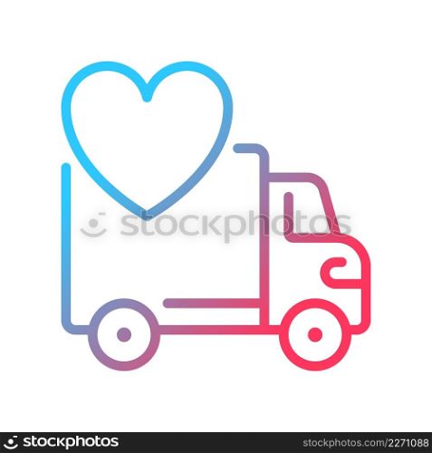 Vehicle donation gradient linear vector icon. Charitable auto dealership. Donated car. Give away unwanted auto. Thin line color symbol. Modern style pictogram. Vector isolated outline drawing. Vehicle donation gradient linear vector icon