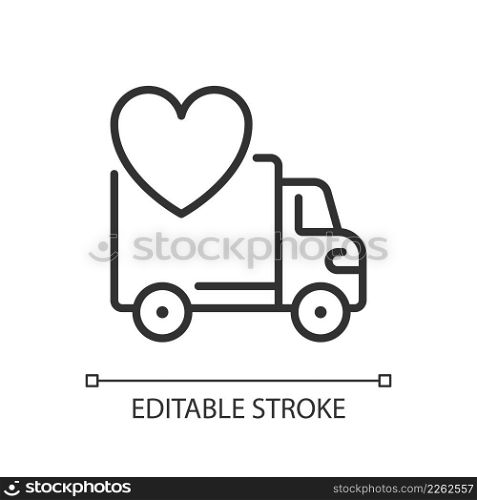 Vehicle donation pixel perfect linear icon. Charitable auto dealership. Give away unwanted auto. Thin line illustration. Contour symbol. Vector outline drawing. Editable stroke. Arial font used. Vehicle donation pixel perfect linear icon