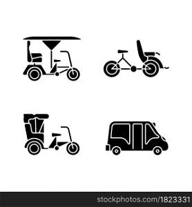 Vehicle for hire black glyph icons set on white space. Bicitaxi. Three-wheel bicycle. Tourists transportation. Minibus. Chinese rickshaw. Silhouette symbols. Vector isolated illustration. Vehicle for hire black glyph icons set on white space