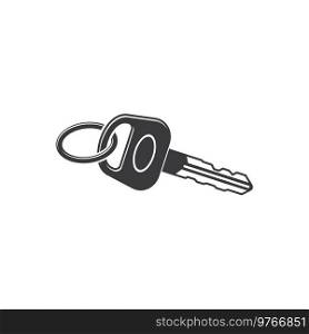 Vehicle key isolated monochrome icon. Vector object to open car door and start driving, automobile, motorbike, motorcycle key. Plastic transport unlock item with ring, car protection accessory. Key with ring to open vehicle and start driving