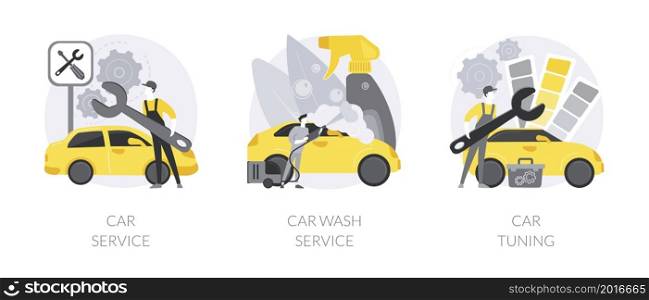 Vehicle maintenance business abstract concept vector illustration set. Car service, vehicle automatic wash, automobile style and design tuning, sports car repair, 24 hours service abstract metaphor.. Vehicle maintenance business abstract concept vector illustrations.