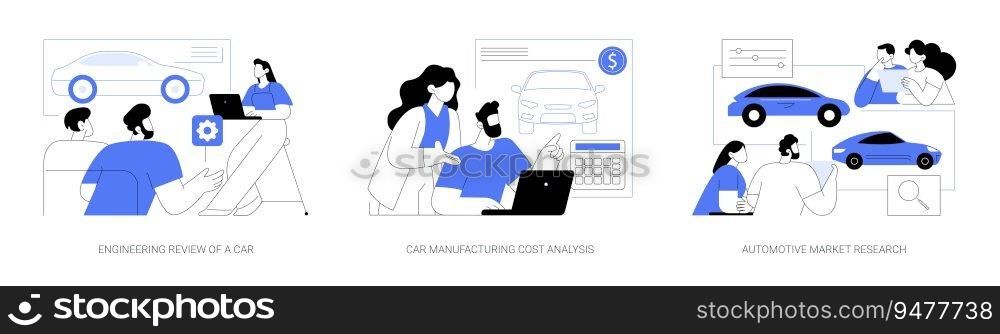 Vehicle manufacturing business abstract concept vector illustration set. Engineering review of a car, manufacturing cost analysis, automotive market research, new car project launch abstract metaphor.. Vehicle manufacturing business abstract concept vector illustrations.