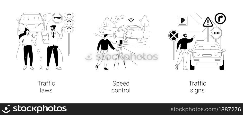 Vehicle movement regulation abstract concept vector illustration set. Traffic laws, speed control, traffic signs, driving license, road safety, police radar, speed limit, transport abstract metaphor.. Vehicle movement regulation abstract concept vector illustrations.