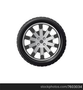 Vehicle or car tire with alloy disk isolated. Vector rubber wheel covering, realistic design. Tyre of vehicle with alloy disk