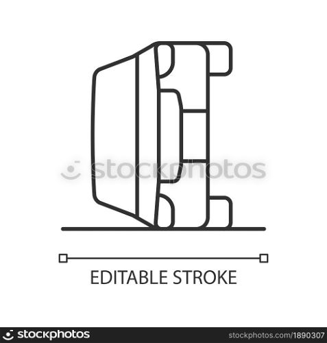 Vehicle rollover linear icon. Car tips over onto side. Striking obstruction in roadway. Thin line customizable illustration. Contour symbol. Vector isolated outline drawing. Editable stroke. Vehicle rollover linear icon