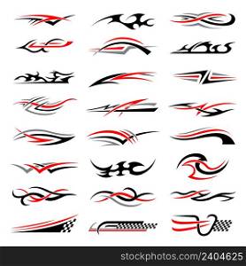 Vehicle stripes. Racing cars stylized flame and geometrical shapes decal badges or stickers for motor club recent vector templates. Illustration of automobile geometric speed vinyl stripe. Vehicle stripes. Racing cars stylized flame and geometrical shapes decal badges or stickers for motor club recent vector templates