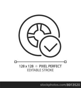 Vehicle tire safety pixel perfect linear icon. Wheel with checkmark. Transport quality control. Approved product. Thin line illustration. Contour symbol. Vector outline drawing. Editable stroke. Vehicle tire safety pixel perfect linear icon