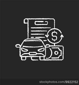 Vehicle title loan chalk white icon on black background. Placing lien on car title. Borrowers outstanding debt repayment. Collateral car. Vehicle value. Isolated vector chalkboard illustration. Vehicle title loan chalk white icon on black background