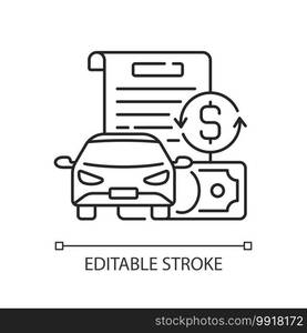 Vehicle title loan linear icon. Placing lien on car title. Borrowers outstanding debt repayment. Thin line customizable illustration. Contour symbol. Vector isolated outline drawing. Editable stroke. Vehicle title loan linear icon