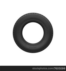 Vehicle tyre isolated black rubber tire. Vector car spare part, round rim wheel protector. Car spare part isolated black rubber tire or tyre
