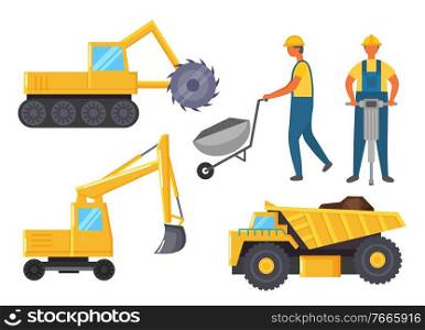 Vehicles that used in mining industry. Miners stand near lorry and bulldozer. Yellow industrial machine for transport raw and digging quarry. People bore earth to get coal. Vector illustration in flat. Mining Industry, Vehicles Like Lorry and Bulldozer