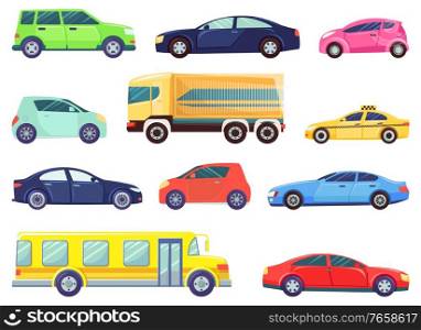 Vehicles vector, isolated set of transportation. School bus public transportation and taxi service. Electric car eco-friendly mini-van retro connection illustration in flat style design for web, print. Transport Set, Bus and Taxi Automobile Vehicles
