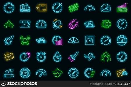 Velocity icons set. Outline set of velocity vector icons neon color on black. Velocity icons set vector neon
