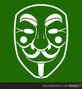 Vendetta mask icon white isolated on green background. Vector illustration. Vendetta mask icon green