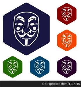 Vendetta mask icons set hexagon isolated vector illustration. Vendetta mask icons set hexagon