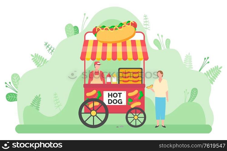 Vending cart with hot dogs. Man selling junk food in kiosk on street. Woman eating outdoors.Tasty sausage with ketchup and mustard colorful vector. Street Food Vending Cart With Hot Dogs Vector