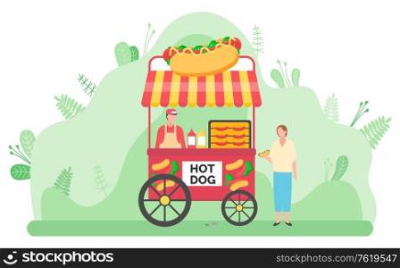 Vending cart with hot dogs. Man selling junk food in kiosk on street. Woman eating outdoors.Tasty sausage with ketchup and mustard colorful vector. Street Food Vending Cart With Hot Dogs Vector