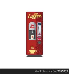 Vending coffee machine for hot beverages selling isolated cartoon vector icon. Automat with place for cup, slot for coins, push buttons and dispenser. Vending coffee machine isolated vector icon