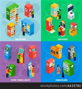 Vending Games Machines Isometric Icons Square . Food and drinks vending machines with payment terminals automated self service 4 isometric icons square isolated vector illustration