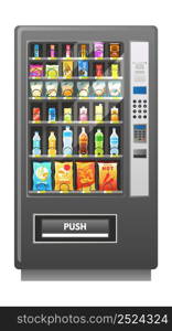 Vending machine. Automatic food, lunch snacks and drink sale, square appliance with panel and buttons, bottles and sachets inside, retail equipment, realistic isolated element, 3d vector illustration. Vending machine. Automatic food, lunch snacks and drink sale, square appliance with panel and buttons, bottles inside, retail equipment, realistic isolated element, 3d vector illustration