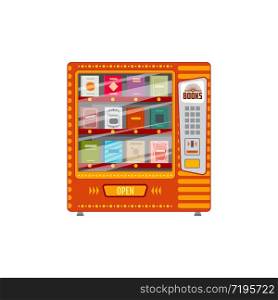 Vending machine for book selling isolated cartoon vector icon. Automat with slot for penny, buttons and dispenser. Vending machine for book sell cartoon vector icon