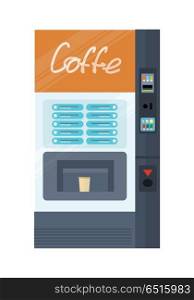 Vending Machine for Coffe. Office Interior.. Vending machine for coffe. Automatic device for hot drinks. Slot coffee machine isolated on white. Part of the series of business office interior design. Auto beverage maker. Vector illustration