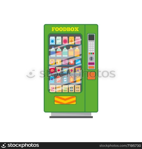 Vending machine for food in foodbox selling isolated cartoon vector icon. Retail automat with assortment of packages with snacks behind glass window, slot for coins, push buttons and dispenser. Vending machine for food sell isolated vector icon
