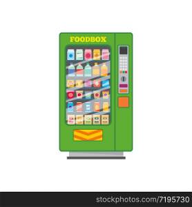 Vending machine for food in foodbox selling isolated cartoon vector icon. Retail automat with assortment of packages with snacks behind glass window, slot for coins, push buttons and dispenser. Vending machine for food sell isolated vector icon