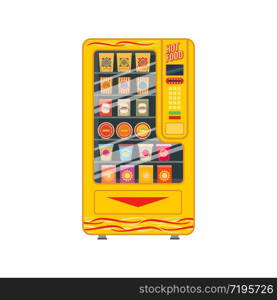 Vending machine for hot food selling isolated cartoon vector icon. Automat with assortment of packages with meals behind glass window, slot for coins, push buttons and dispenser. Vending machine for hot food sell isolated icon