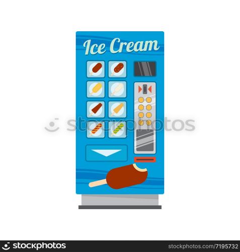 Vending machine for ice cream selling isolated cartoon vector icon. Retail food automat with assortment of various icecream, slot for coins, push buttons and dispenser. Vending machine for ice cream sell vector icon