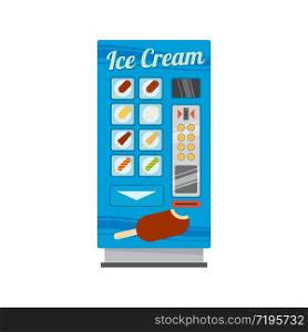 Vending machine for ice cream selling isolated cartoon vector icon. Retail food automat with assortment of various icecream, slot for coins, push buttons and dispenser. Vending machine for ice cream sell vector icon