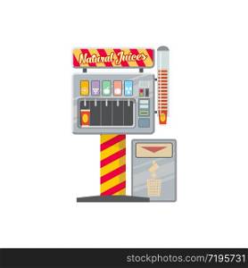 Vending machine for natural juices selling isolated cartoon vector icon. Retail automat with cups pile, place for mug, slot for coins, push buttons, dispenser and litter bin. Vending machine for juice sell isolated icon
