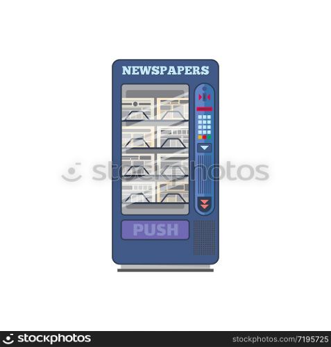 Vending machine for newspapers sell isolated cartoon vector icon. Automat with different print editions and journals behind of glass window, slot for coins, push buttons and dispenser. Vending machine for newspapers sell vector icon