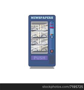 Vending machine for newspapers sell isolated cartoon vector icon. Automat with different print editions and journals behind of glass window, slot for coins, push buttons and dispenser. Vending machine for newspapers sell vector icon