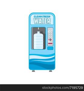 Vending machine for water selling isolated cartoon vector icon. Automat for pure fresh aqua with place for plastic bottle, slot for coins, push buttons and dispenser. Vending machine for water sell isolated icon