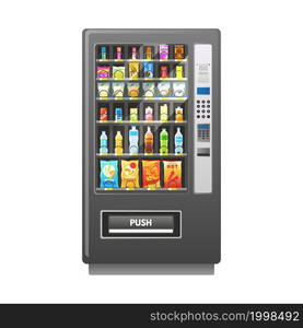 Vending machine. Retail mechanism. Automatic food sale. Buying drinks or lunch snacks. Make purchases in selling equipment. Isolated square appliance mockup with panel and buttons. Vector illustration. Vending machine. Retail mechanism. Automatic food sale. Buying drinks and snacks. Make purchases in selling equipment. Square appliance mockup with panel and buttons. Vector illustration