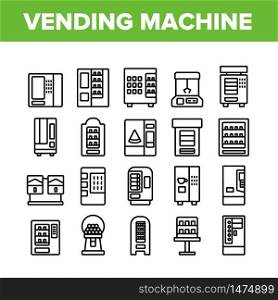Vending Machine Selling Service Icons Set Vector. Vending Machine Technology With Food And Drink, Coffee And Tea, Bubbles Gum And Toys Concept Linear Pictograms. Monochrome Contour Illustrations. Vending Machine Selling Service Icons Set Vector