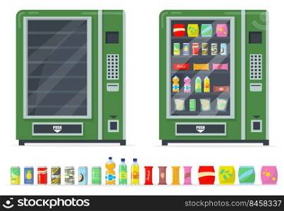 Vending machines and snacks set. Chips, bars, canned drinks and automate with empty shelves. Vector illustrations collection for fast food, automatic retailer concept