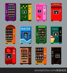 Vending machines collcetion. Merchandise concept with automatic selling various snacks water coffee and crisp food vector pictures. Illustration of retail vending machine with snack food. Vending machines collcetion. Merchandise concept with automatic selling various snacks water coffee and crisp food vector pictures