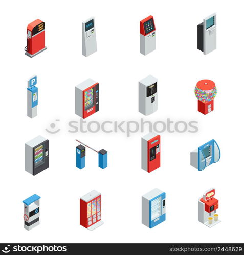 Vending machines isometric icons set with food and parking machines isolated vector illustration. Vending Machines Icons Set