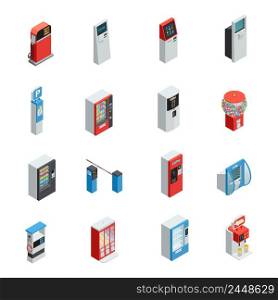 Vending machines isometric icons set with food and parking machines isolated vector illustration. Vending Machines Icons Set
