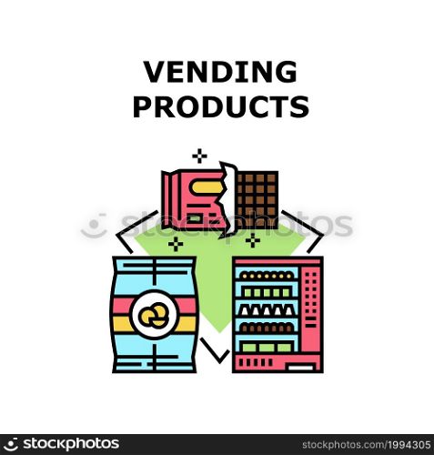 Vending Products Vector Icon Concept. Vending Products In Machine, Chips And Chocolate Package Snack And Food Selling In Automatically Selling Equipment. Delicious Nutrition Color Illustration. Vending Products Vector Concept Color Illustration