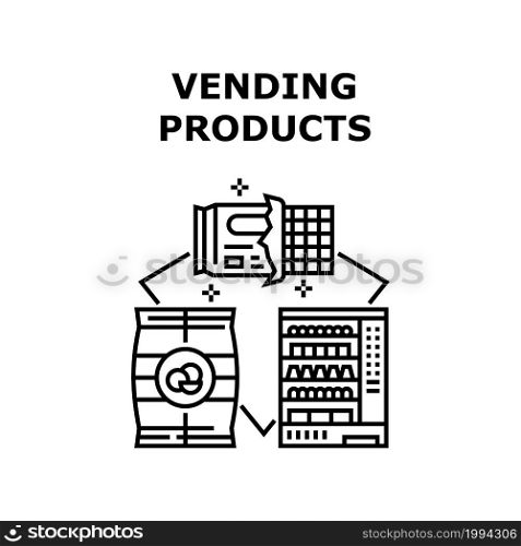 Vending Products Vector Icon Concept. Vending Products In Machine, Chips And Chocolate Package Snack And Food Selling In Automatically Selling Equipment. Delicious Nutrition Black Illustration. Vending Products Vector Concept Black Illustration