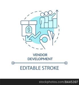 Vendor development turquoise concept icon. Sourcing strategy abstract idea thin line illustration. Manage supply chain. Isolated outline drawing. Editable stroke. Arial, Myriad Pro-Bold fonts used. Vendor development turquoise concept icon