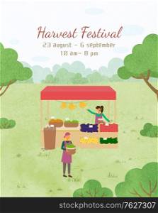Vendor in apron and customer or buyer, market with farm fruits and vegetables. Harvest festival, organic food, seller standing at stall with tent. Funny spending time on harvest festival. Flat cartoon. Harvest Festival, Market with Fruit and Vegetables