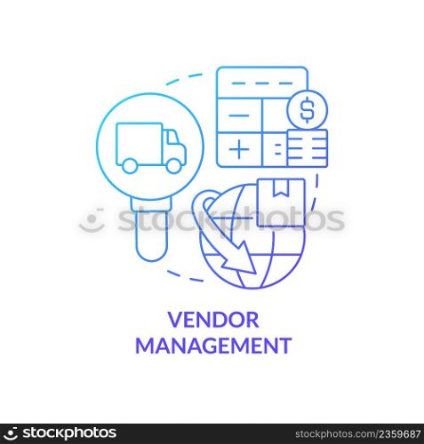 Vendor management blue gradient concept icon. Corporate partnership building. Business development abstract idea thin line illustration. Isolated outline drawing. Myriad Pro-Bold font used. Vendor management blue gradient concept icon