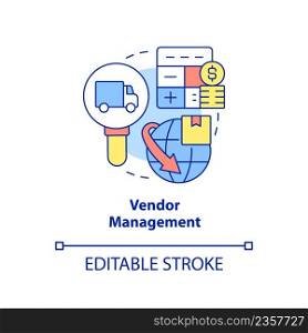 Vendor management concept icon. Corporate partnership. Business development abstract idea thin line illustration. Isolated outline drawing. Editable stroke. Arial, Myriad Pro-Bold fonts used. Vendor management concept icon